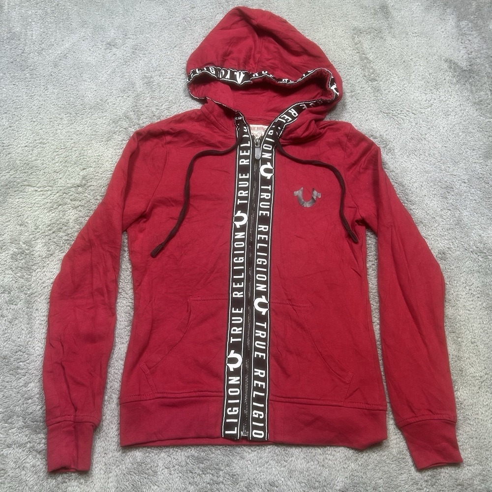TRUE RELIGION Hoodie Women's S Red Taped World Tour Full Zip‎ Hooded Sweatshirt